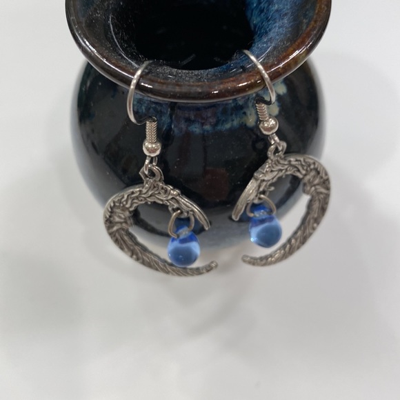 Man in the Moon - blue glass teardrops - silver earrings cast on both sides! EUC - Picture 14 of 16